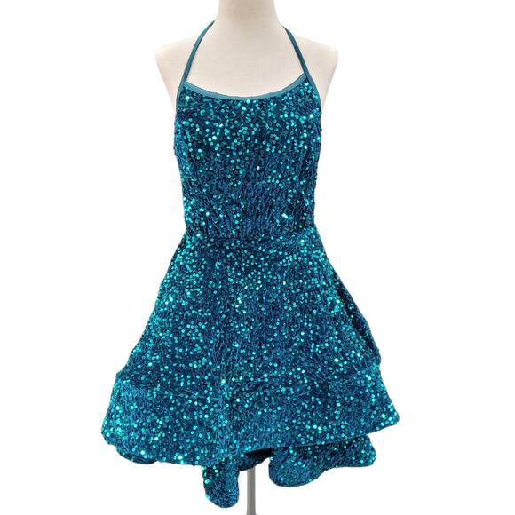 NWT Teal Halter Scoop Neck Sequin Short Dress - Picture 1 of 13
